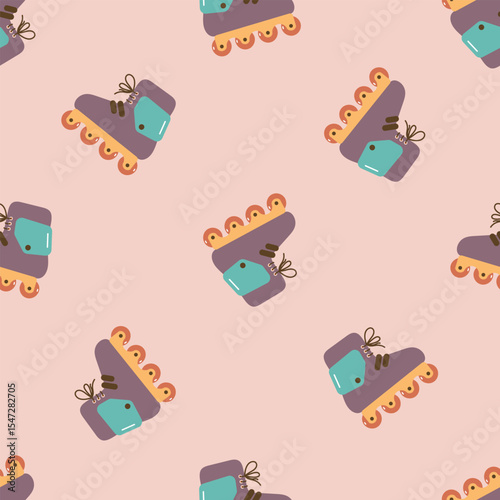 Seamless pattern with colorful roller skates. For card, posters, banners, books, printing on the pack, clothes, fabric, wallpaper, textile or dishes.