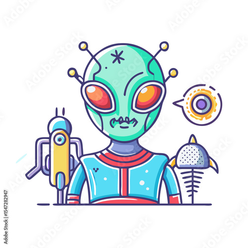 Colorful Cartoon Alien with Retro Futuristic Robots and Space Theme Speech Bubble