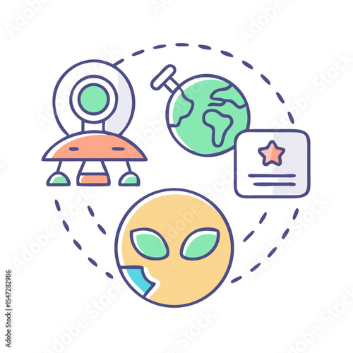 A colorful illustration showing different concepts about extraterrestrial life and space exploration
