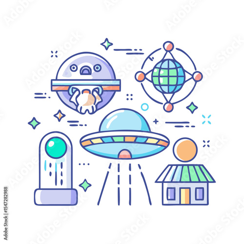 Colorful cartoon illustration showcasing alien invasion and extraterrestrial technologies concept