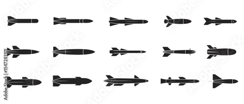 Military Rocket and Guided Missile Icons – Solid Style

