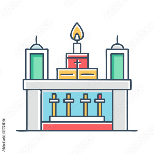 Religious Altar with Lit Candle and other Christian Symbolic Structures