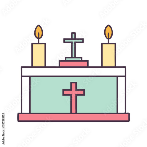 Stylized Christian altar featuring two candles and a cross design