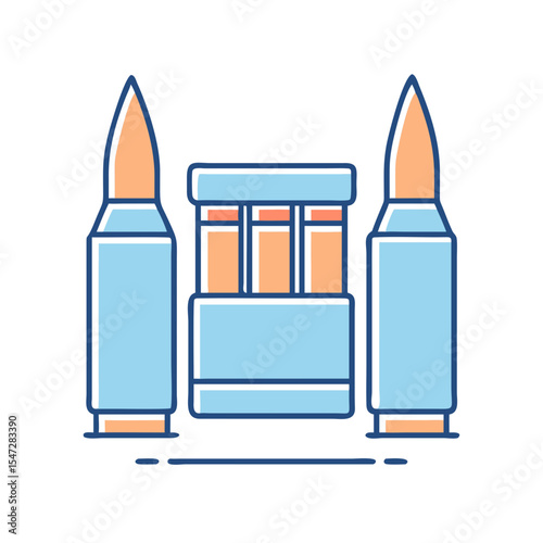 Stylized ammunition and magazine illustration with a cartoon, outlined design aesthetic
