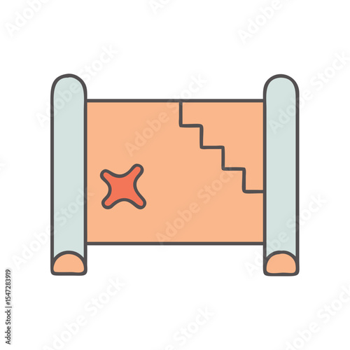 Illustration of an old parchment map with stairs and marking the way