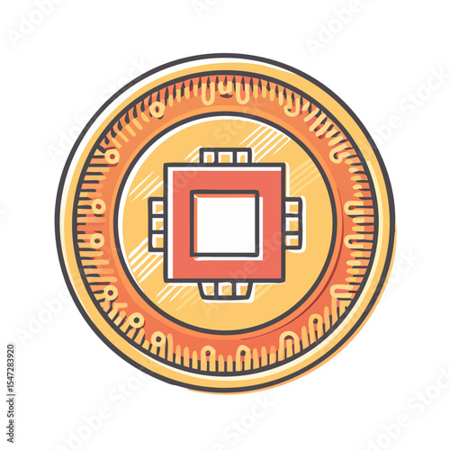 Stylized Computer Chip Centered on a Fictional Coin with Custom Markings