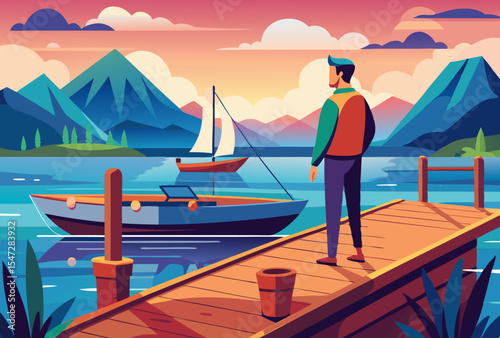 Tranquil Lake Sunset. Majestic Mountain View with Boats