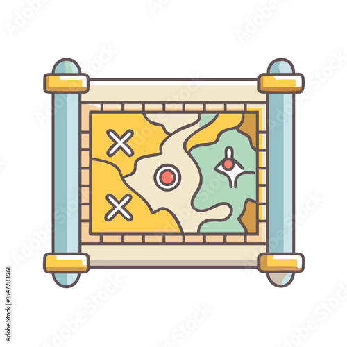 Colorful and cartoonish scroll of an old treasure map with clues