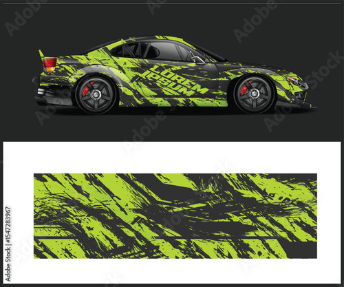 Sport Car Wrap Design with Abstract Green and Black Grunge Pattern