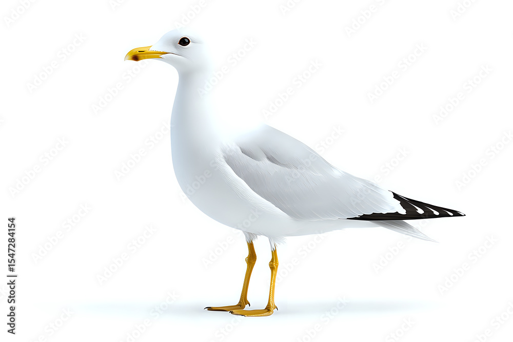 Naklejka premium White seagull with yellow beak and feet standing in profile view on isolated background, detailed rendering for nature and wildlife designs.