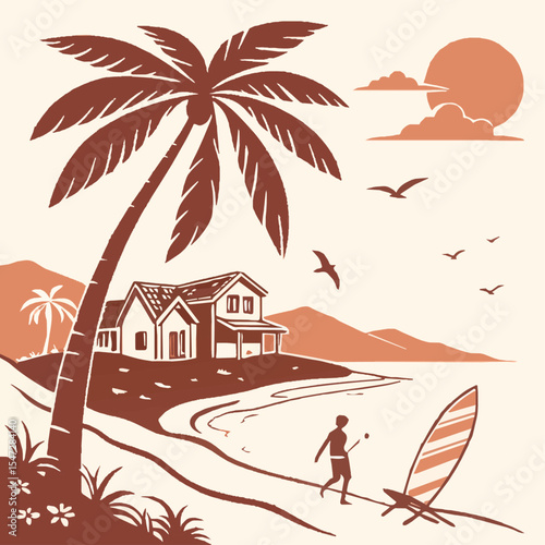 Tropical paradise island beach with palm trees and sun