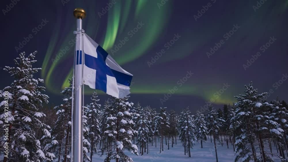 Finnish flag waving on snowy pine forest background under beautiful northern lights aurora borealis night sky, winter landscape, nature, Finland travel, arctic climate, national identity