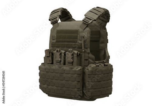 Tactical vest in olive drab showcases sturdy design for security or military purposes.