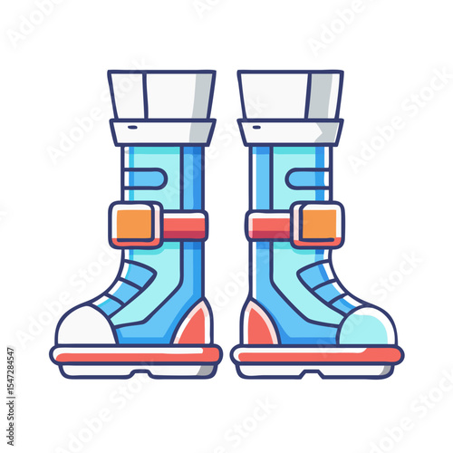 Cartoon Image of Cool Blue and White Futuristic Boots with Orange Buckles