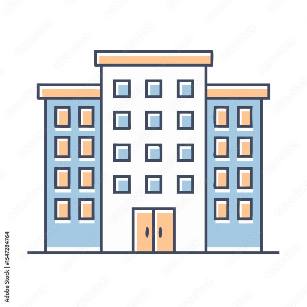 Naklejka premium Stylized MultiStory Office Building with Regular Window Patterns and Orange Trim
