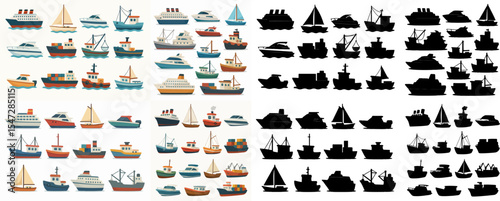Vector Set Sea shipping boats and silhouette  cartoon ships  yacht and motorboat. Travel ocean cruise boat  fishing and cargo shipping boats flat vector illustrations collection. Water transport set