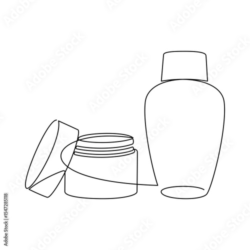 Hand drawn cream jar container vector. One line continuous drawing. Minimal fashion print, linear silhouette icon. Cosmetics skin care product, balm, lotion, abstract doodle illustration.