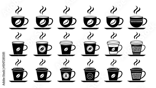  Coffee Cup Icon – Flat Black Hot Beverage Symbol for Café, Menu and Branding
