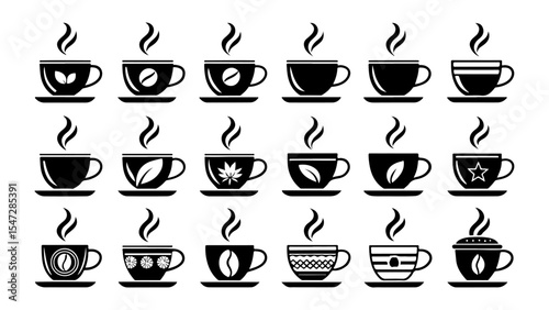 Coffee Cup Icon – Flat Black Hot Beverage Symbol for Café, Menu and Branding
