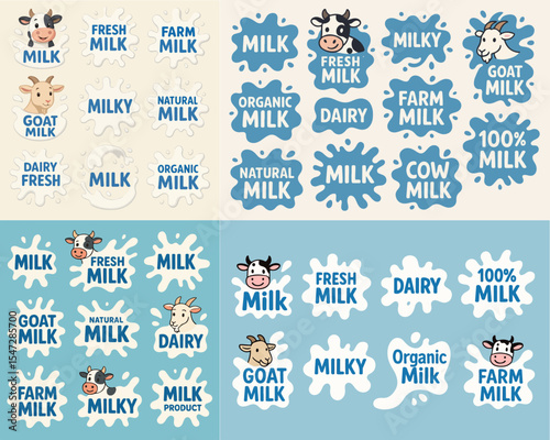 Vector Set Milk product splash labels. Cartoon cow or goat milk with lettering da milky splash logos milk flow stamps with splashes flat vector illustration set. Milky splash elements