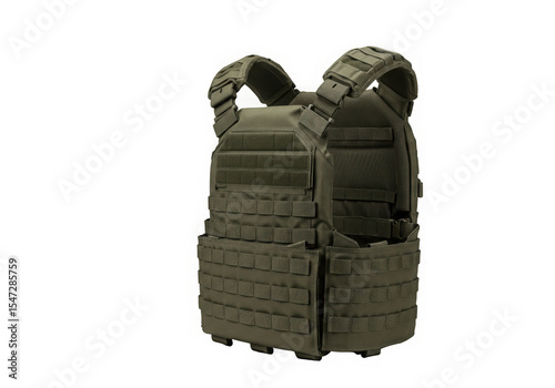 An olive drab tactical vest floats against a stark black backdrop creating an isolating effect