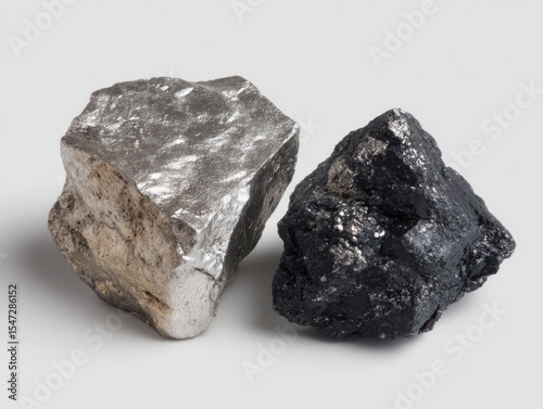 Raw Materials: A Study in Contrasts with Silver Ore and Anthracite Coal on a Clean Background
