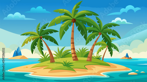 Tropical Island Paradise. Palm Trees. Sandy Beach. and Azure Ocean