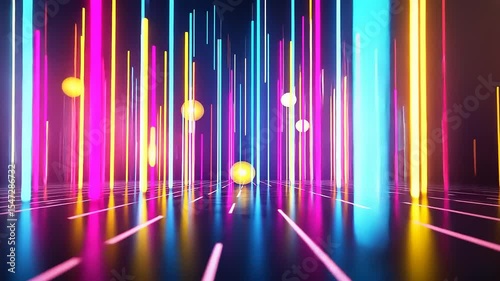 Vibrant neon light streaks create a dynamic atmosphere in a futuristic digital landscape
