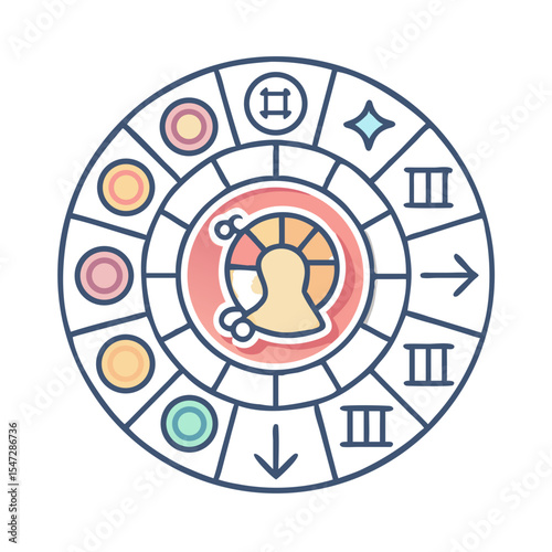 Detailed astrology wheel with various symbols including zodiac signs and planets