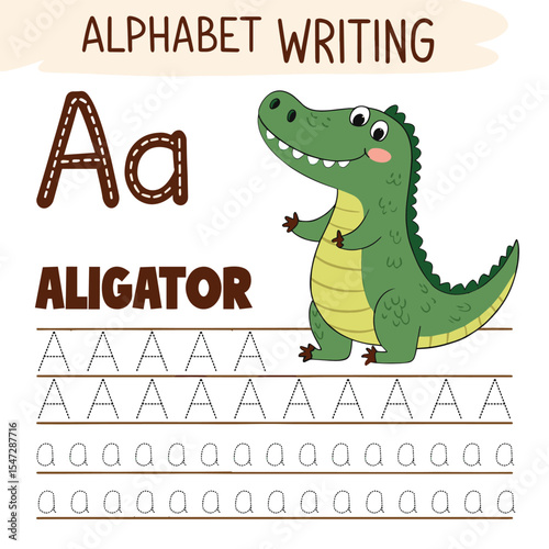 Alphabet Writing with Alligator: Educational Illustration for Kids Learning Letter A