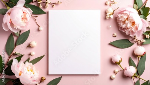 Floral arrangement with blank card for personalization soft pink background photography elegant atmosphere top-down view nature inspired