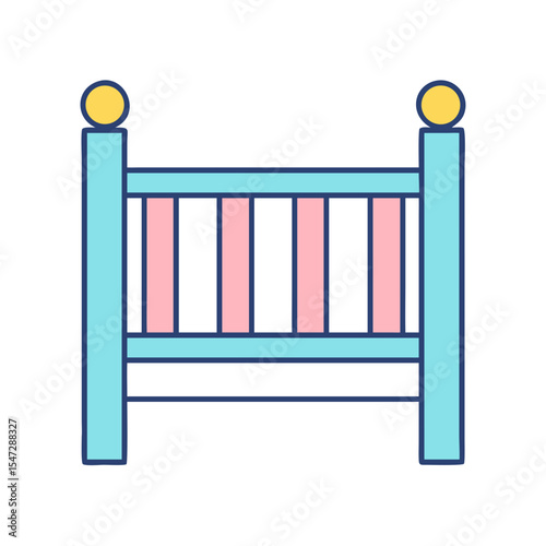 Baby crib with a blue frame and pink and white slats