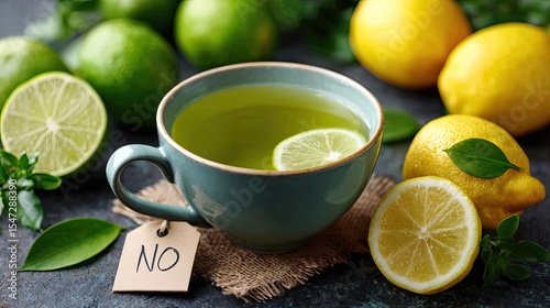 Stop sugar addiction through cut added and limit concept. Fresh lemon and lime tea served in a stylish cup with fruit.