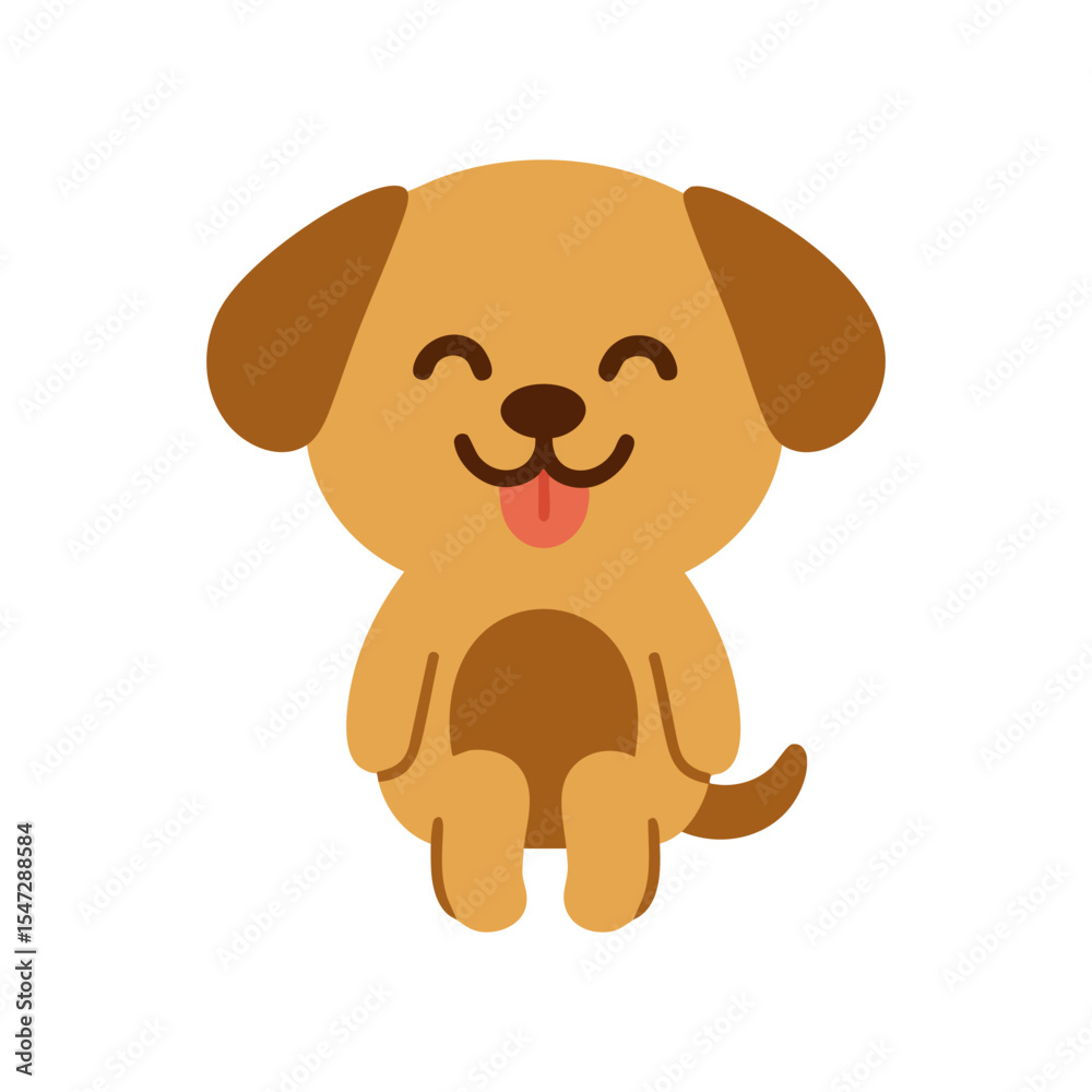 Obraz premium Cute cartoon brown dog sitting happily with tongue out and eyes closed, flat design perfect for pet, animal, or kids themes.