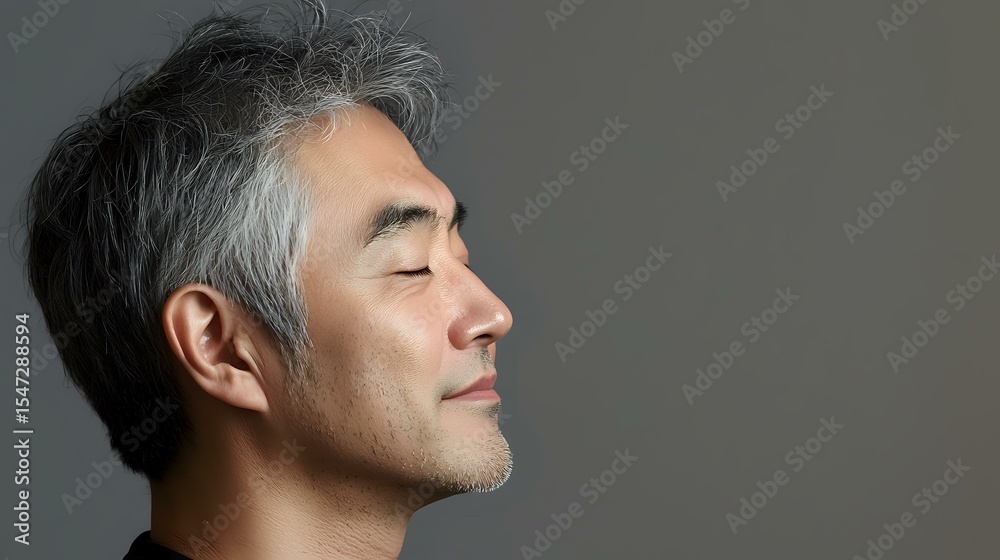 Obraz premium Serene profile portrait of mature Asian man with gray hair and closed eyes against neutral background, expressing peace and mindfulness in minimalist style.