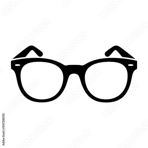 Black silhouette of classic eyeglasses with arms open, flat minimal style symbolizing vision, reading, intelligence, nerd, fashion, or accessories.


