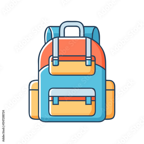 Colorful vector illustration of a backpack with several pockets and compartments