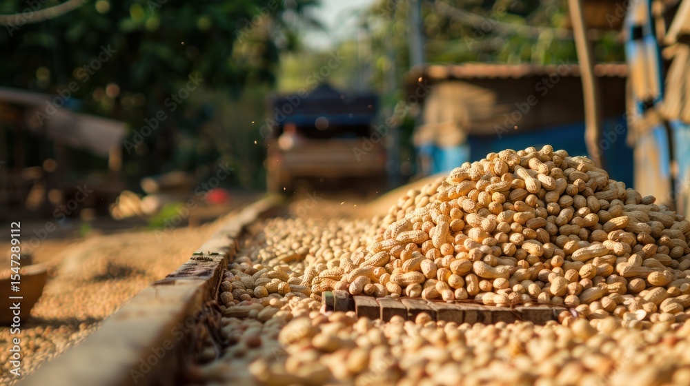 Obraz premium Rural peanut harvest sun-drying on tracks