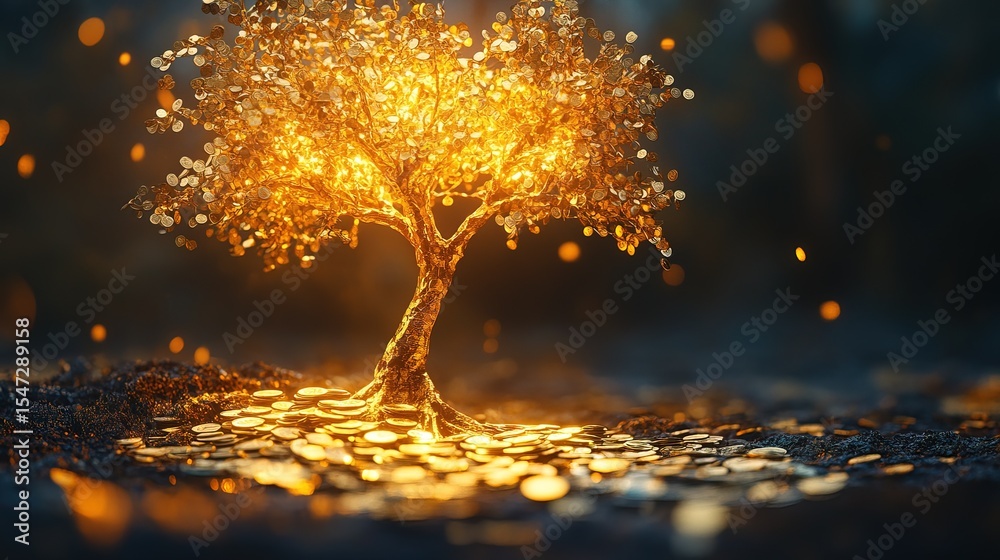 Naklejka premium A golden tree made of glowing coins, symbolizing financial growth and savings 