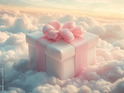 A gift placed on a white cloud, evening atmosphere, soft orange sunlight.