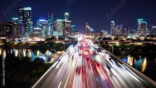 Vibrant light trails racing through a modern city skyline at night, symbolizing speed, urban energy, innovation, progress, and the nonstop rhythm of contemporary life