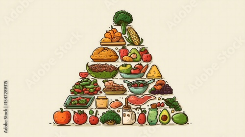 Illustrated food pyramid with fruits vegetables grains and protein on a light beige background