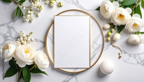 Elegant wedding invitation display with white flowers marble table photography floral arrangement aesthetic viewpoint