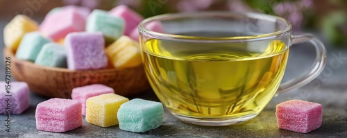Stop sugar addiction through cut added and limit concept. A delicious cup of herbal tea with colorful sugar cubes.