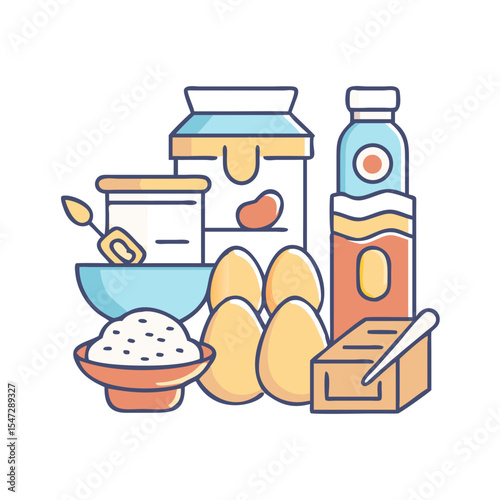 Baking Ingredients Still Life Illustration with Bowl, Flour, Eggs, Oil and Sugar