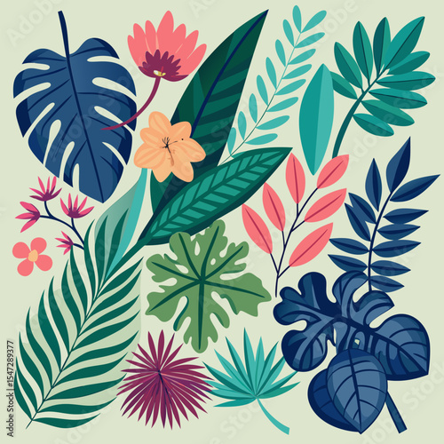 Tropical Paradise. A vibrant composition of exotic flowers and lush leaves