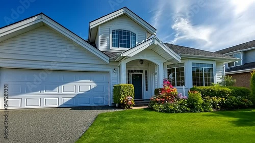 Beautiful suburban home with vibrant garden, clear blue sky, and well-maintained lawn in peaceful neighborhood