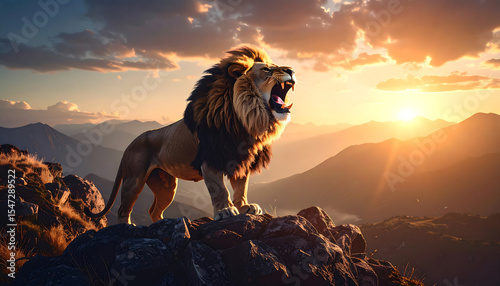 A majestic lion roars from a mountaintop against a dramatic sunset, symbolizing power and wildness.