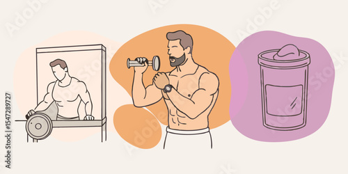Bodybuilding and Fitness Lifestyle Illustration with Weightlifting Dumbbell Exercises and Protein Supplement Representing Health and Wellness