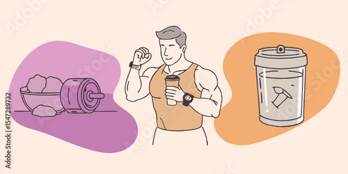 Bodybuilder with Protein Creatine and Shaker Cup Illustrating Nutrition and Supplementation for Muscle Growth and Athletic Performance